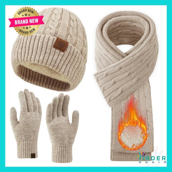 Accessories - Fleece Lined Winter Set Touch Screen Gloves Knit Hat Scarf Chic